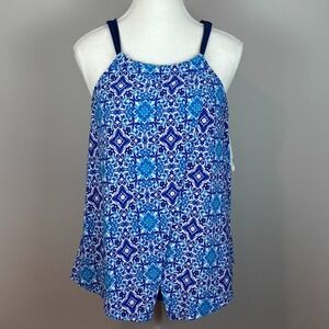 New American Beach Womens Blue Medalion Lined Tankini Top Size 14 NWT Padded Bra